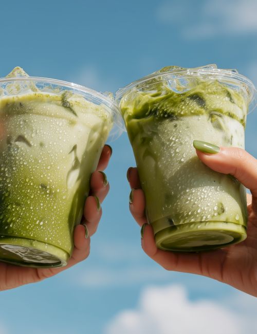 Two people clink clear cups of icy green smoothie against a sunny blue sky, droplets beading on the drinks.
