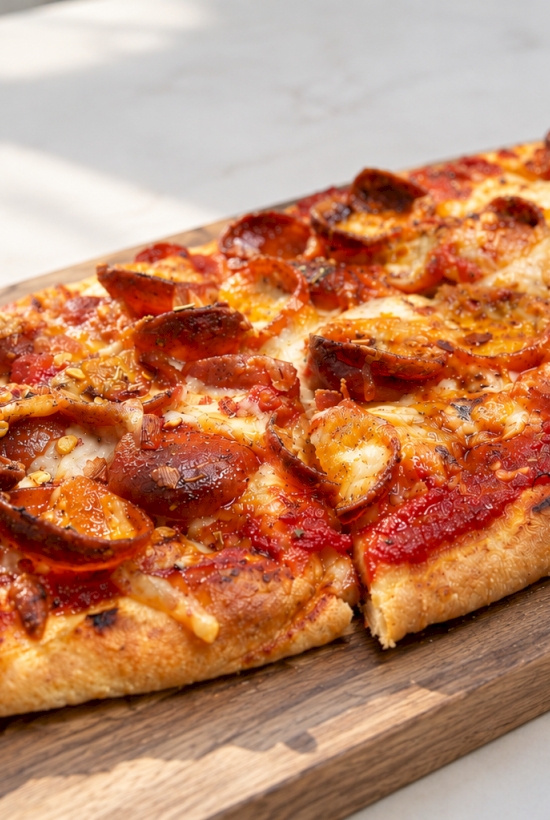 A hot pepperoni pizza topped with melted cheese, sliced sausage, and herbs, served on a wooden board.