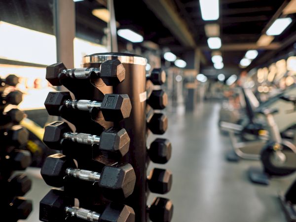 Close-up of hex dumbbells on a gym rack, with bright lights and blurred exercise equipment in the background.