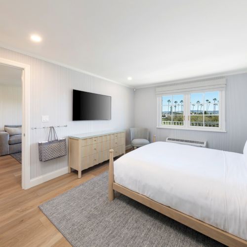 A bright modern bedroom with a large bed, TV on a dresser, and striped walls and windows overlooking palm trees.